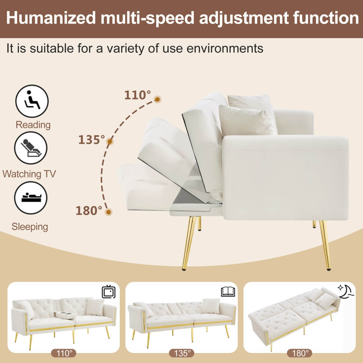 2-Seater Convertible Sofa Bed – Adjustable Backrest with Gold Accents and Built-in Cup Holders