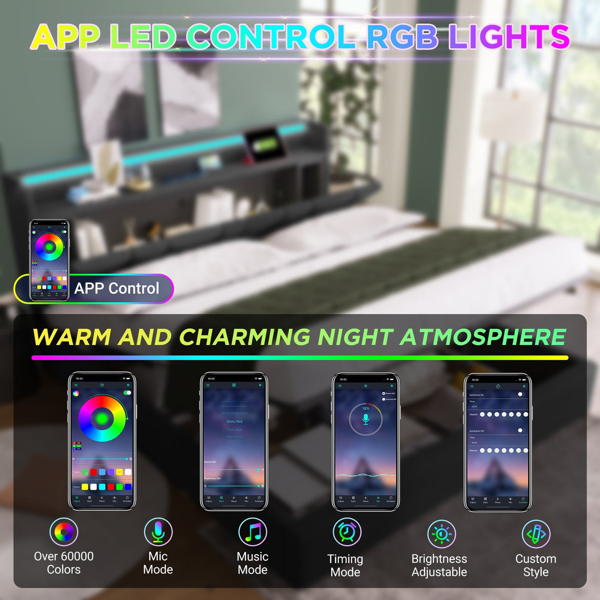 Upholstered Double Bed, USB Charging, Storage Headboard, LED Lighting, 5ft King Size, Grey