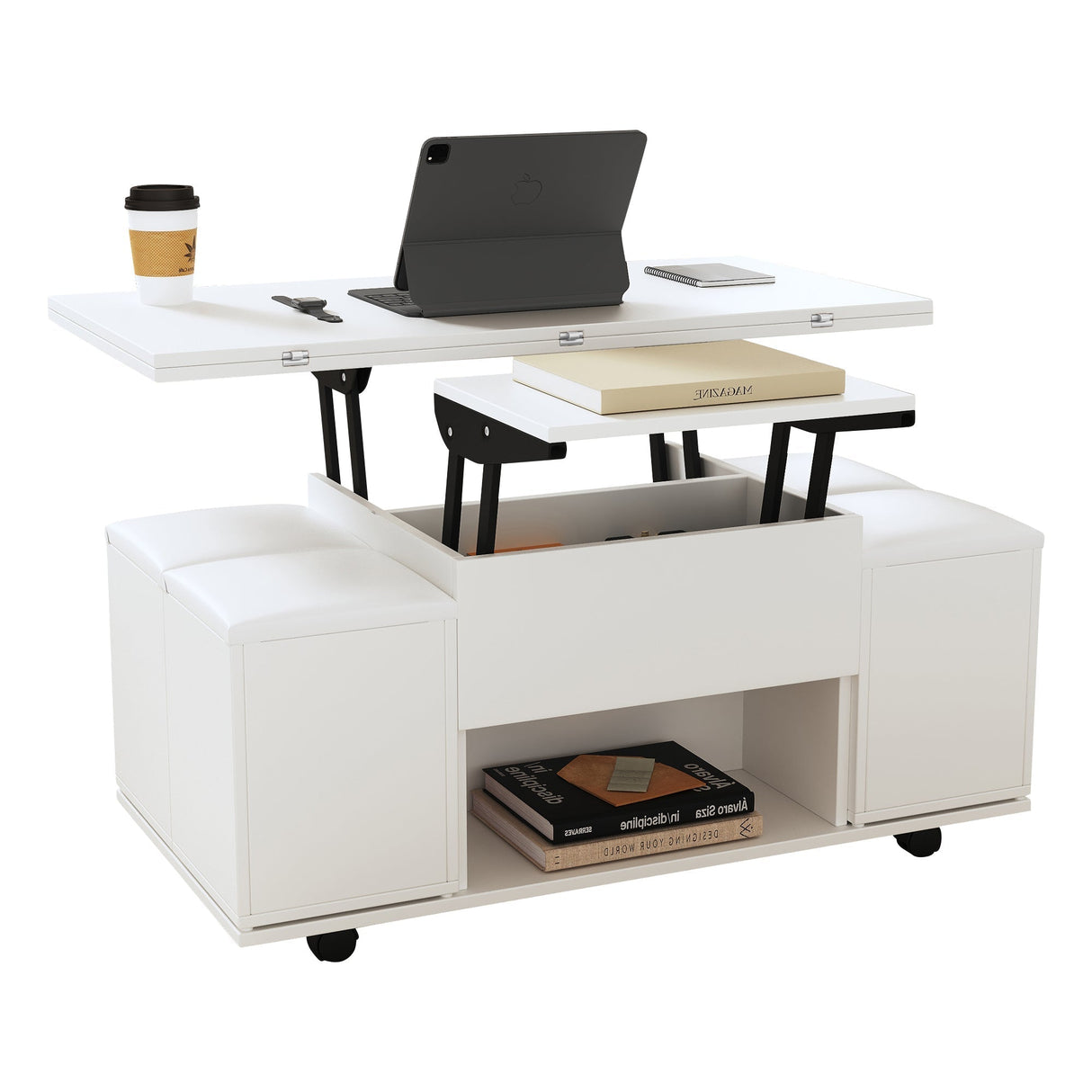 Lift Up Coffee Table with Storage, White