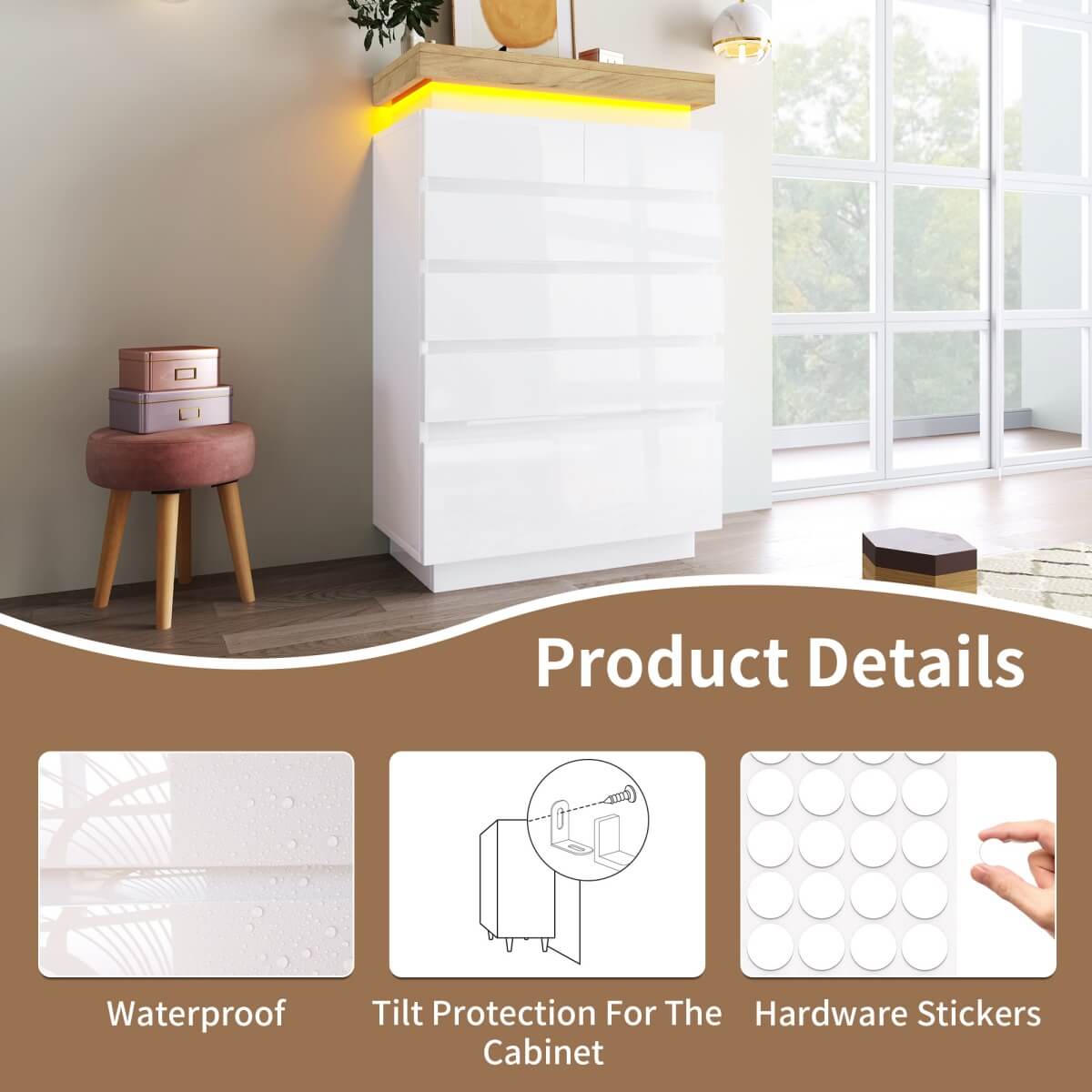 High Gloss Sideboard Cabinet with 6 Drawers - RGB LED Storage Chest of Drawers for Living Room & Bedroom, White