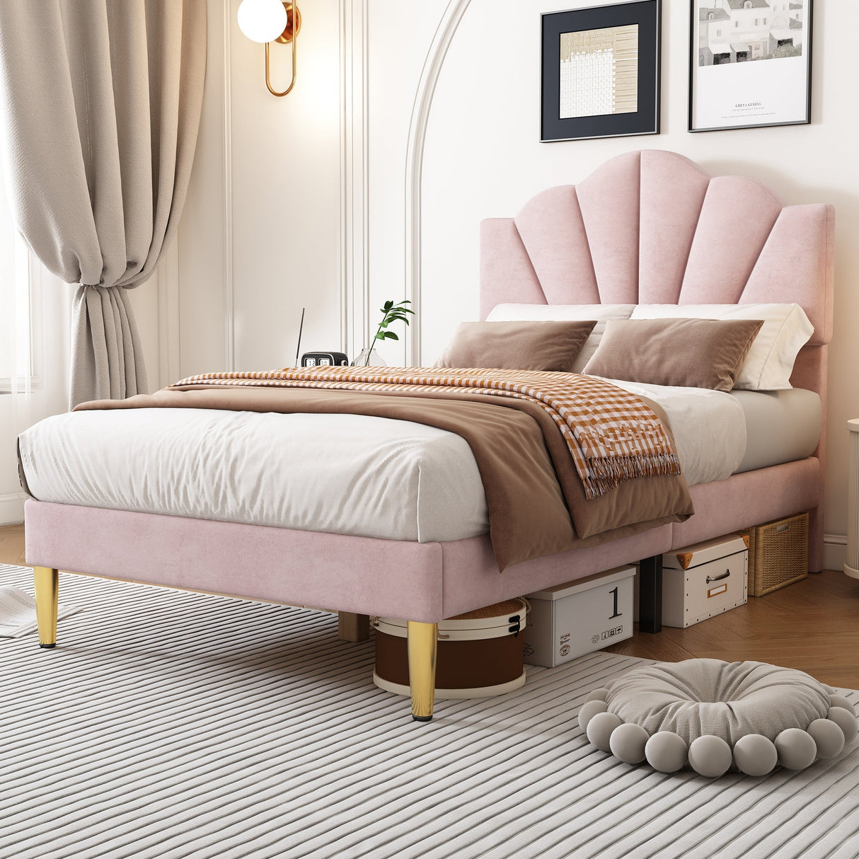 Velvet Upholstered Single Bed - 3ft (90*190cm) with Shell-like Design, Golden Iron Legs, Height-Adjustable Headboard, Wooden Slatted Frame, Pink