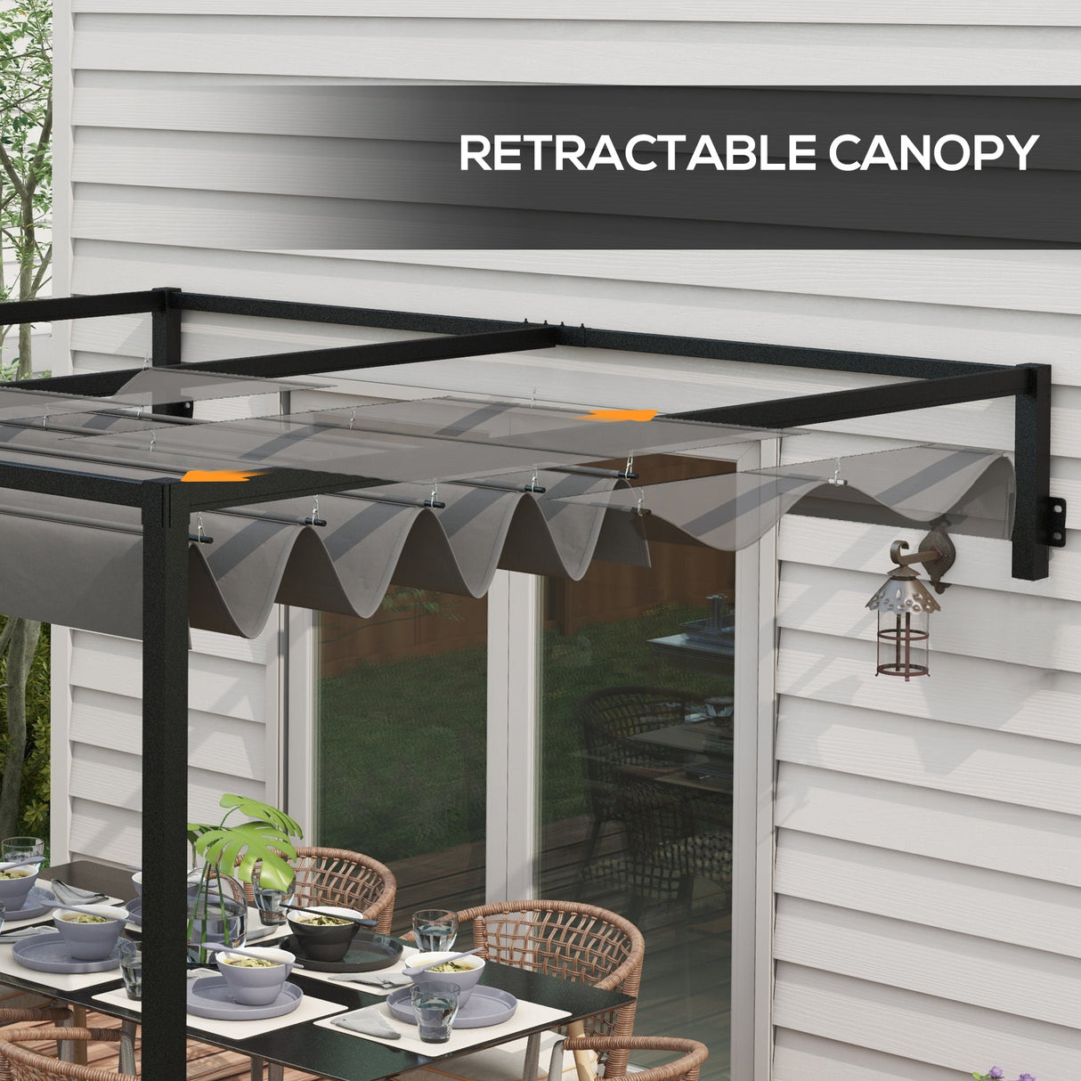 Lean To Steel Pergola, 2 x 3m with Moving Fabric Canopy - Dark Grey
