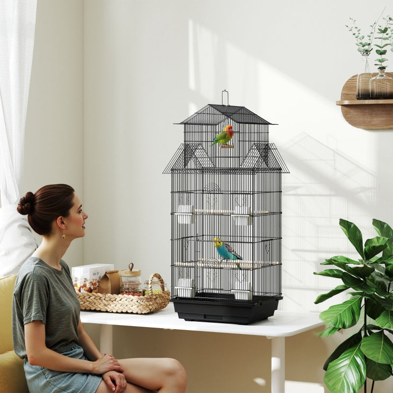Metal Bird Cage with Swing, Perch, Food Container, Tray, Handle