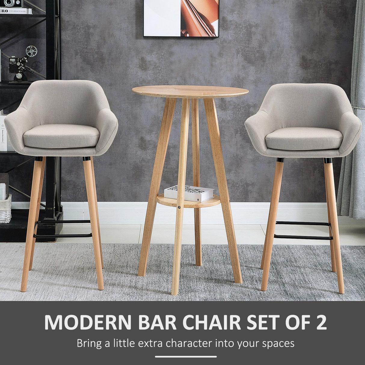 Set of 2 Bar Stools Modern Upholstered Seat Bar Chairs, Beige Fabric