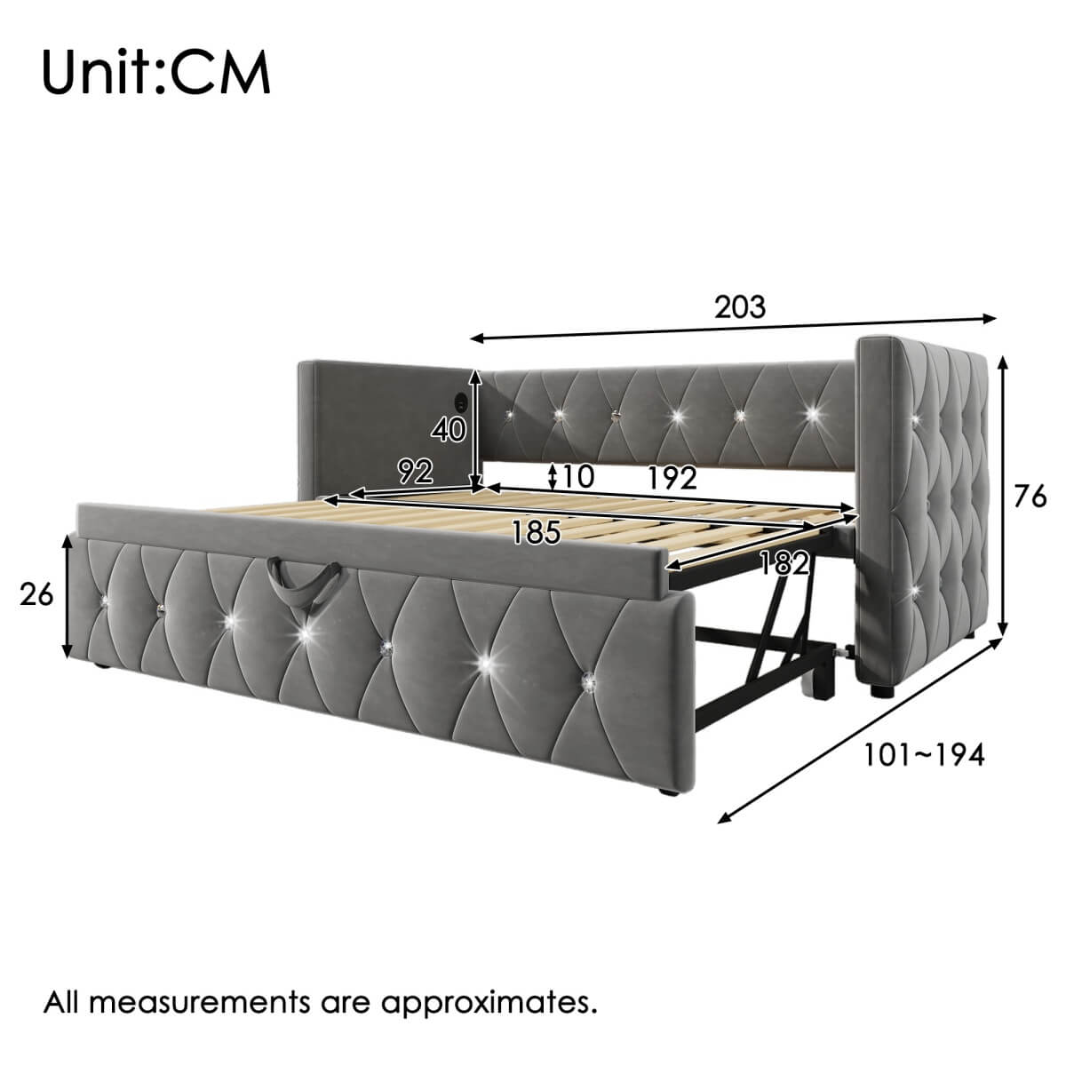 3ft Single Velvet Daybed with Trundle - Sofa Bed with USB & Type C Charging, Grey