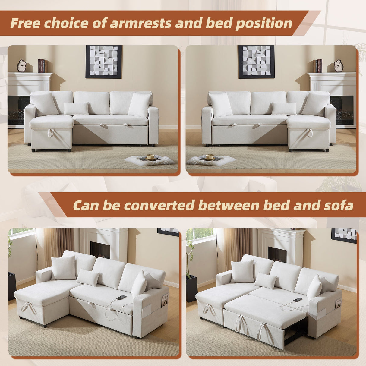 Corner Sofa Bed L-Shaped Extendable with Storage, Beige
