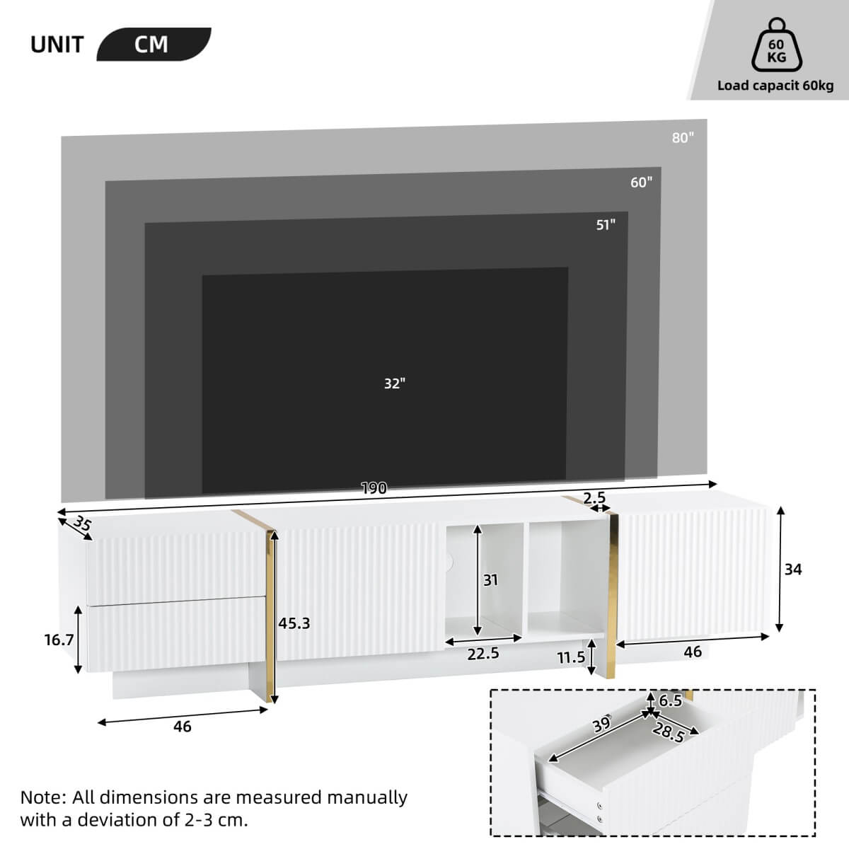 TV Stand for Up to 85 Inch TVs with Storage Cabinets & Open Shelves - Embossed Media Console, White
