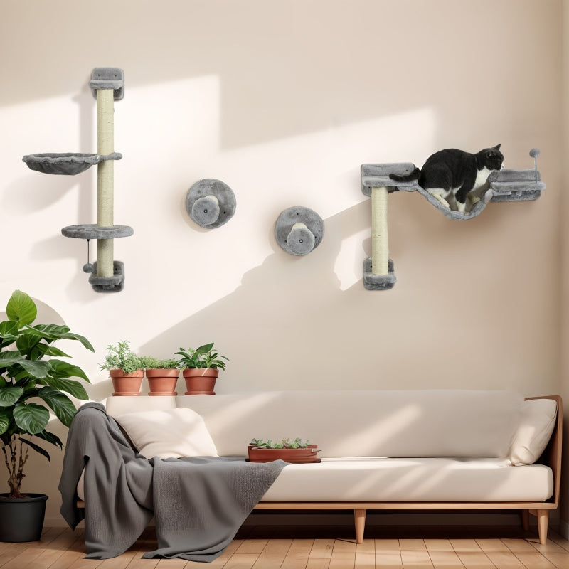Cat Wall Furniture, Four-Piece, Hammock, Perches, Ladder, Scratching Post, Grey