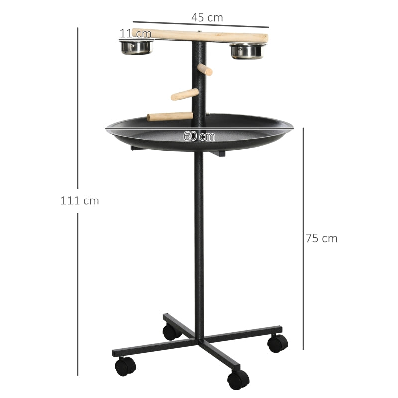 Metal Bird Table Play Stand, Bird Feeder Station, Four Wheels, Feeding Bowls, Round Tray