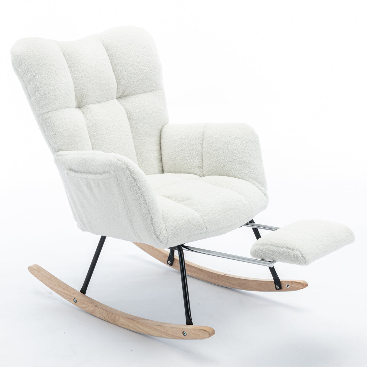 New Modern Teddy Fabric Tufted Upholstered Rocking Chair with Pull-Out Footrest, White
