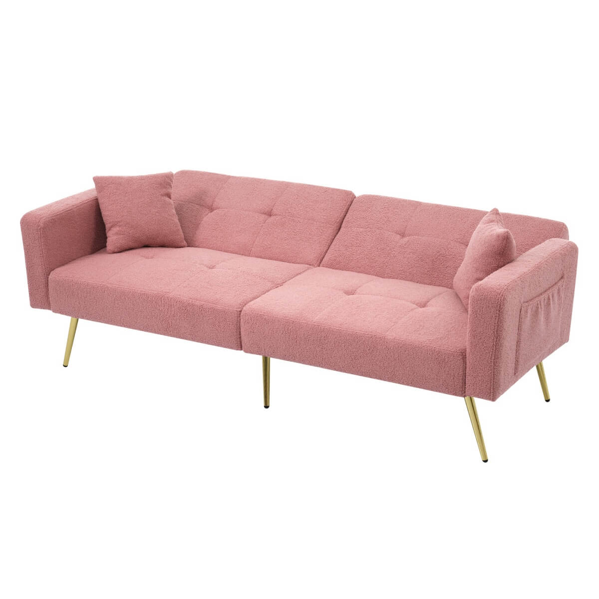 Modern Convertible Sofa Bed - Adjustable Recliner Sofa with Gold Legs and Side Storage Pockets, Pink
