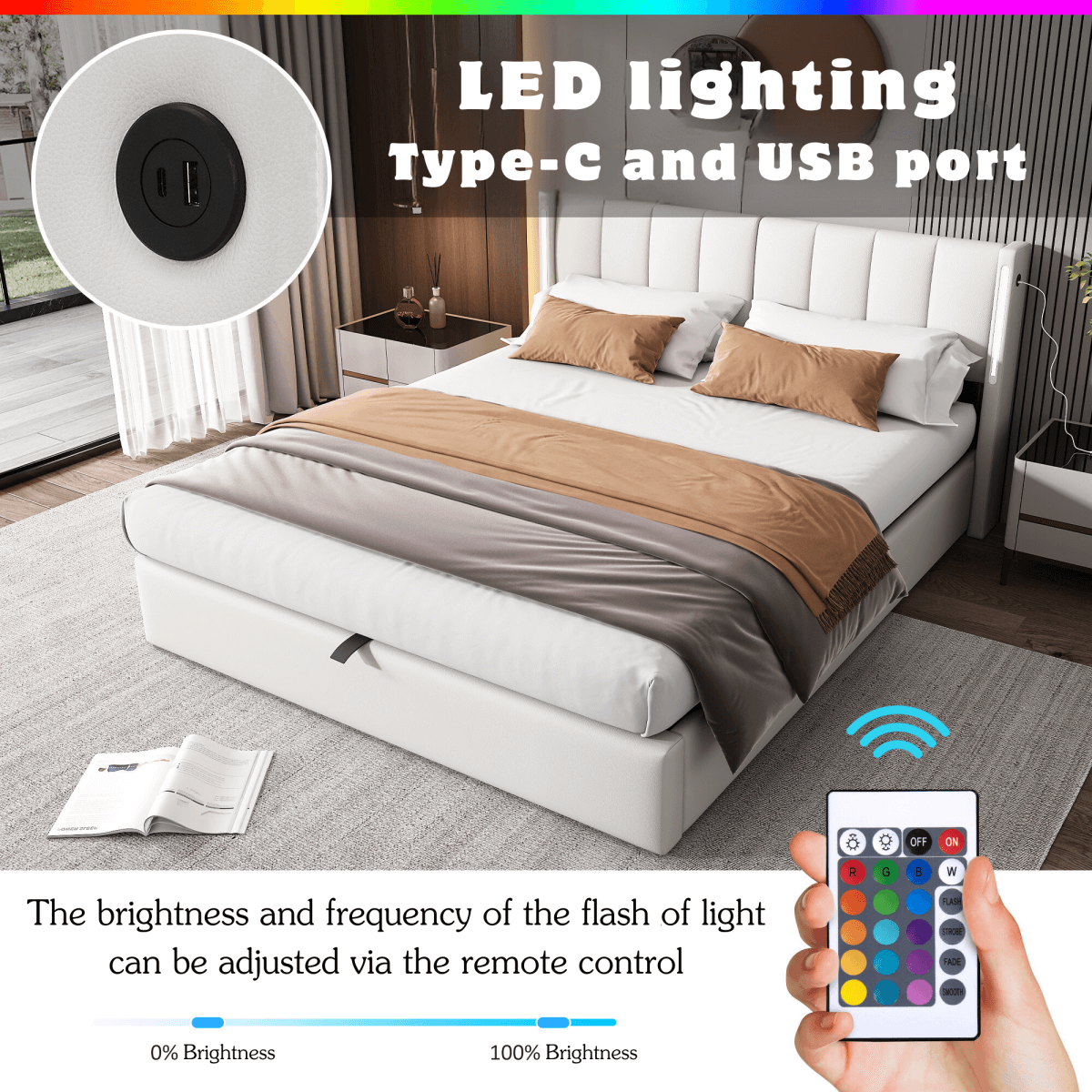 6ft Super King PU LED Storage Bed – Upholstered Bed with USB Charging and Adjustable Headboard