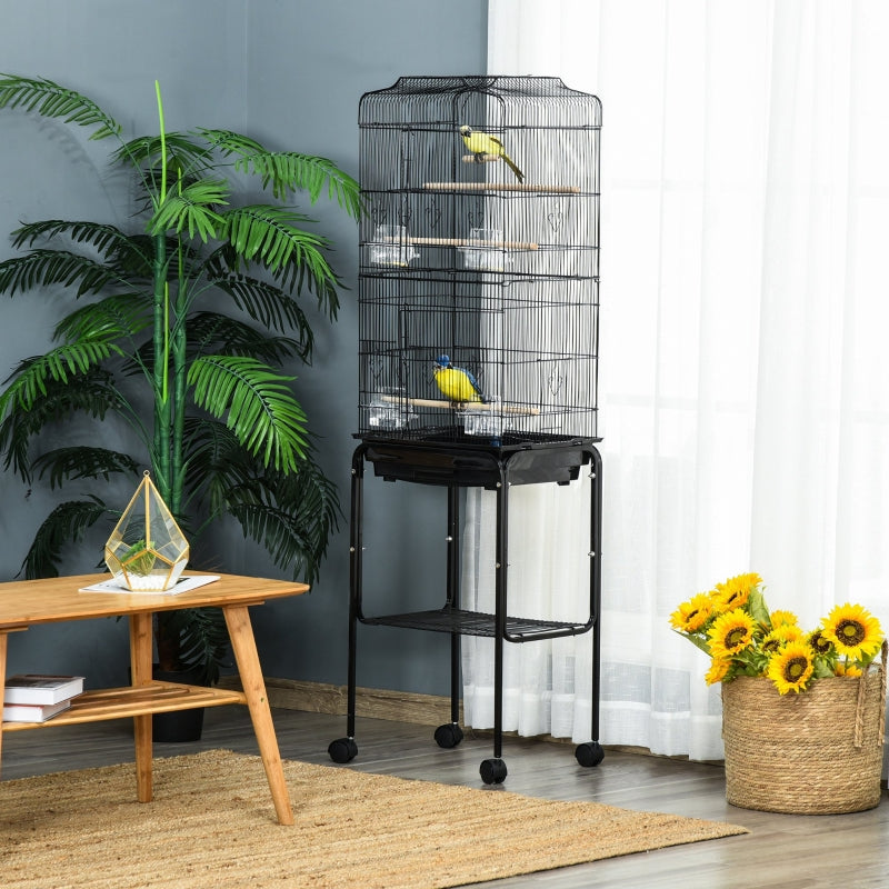 Bird Cage with Stand Wheels Slide-out Tray Storage Shelf, Black