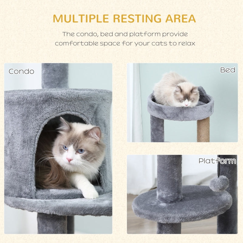 Cat Tree 104 cm, Condo Tower Activity Centre with Scratching Posts, Plush Perch, Hanging Ball - Grey