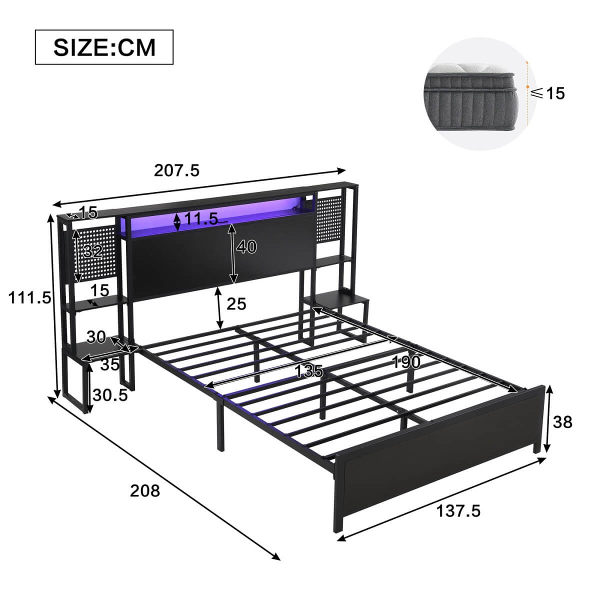 4ft6 Double Metal Bed Frame with LED Lights and Integrated Bedside Table - Black Iron Bed with 2 USB-A Ports and 1 USB-C Charging Port