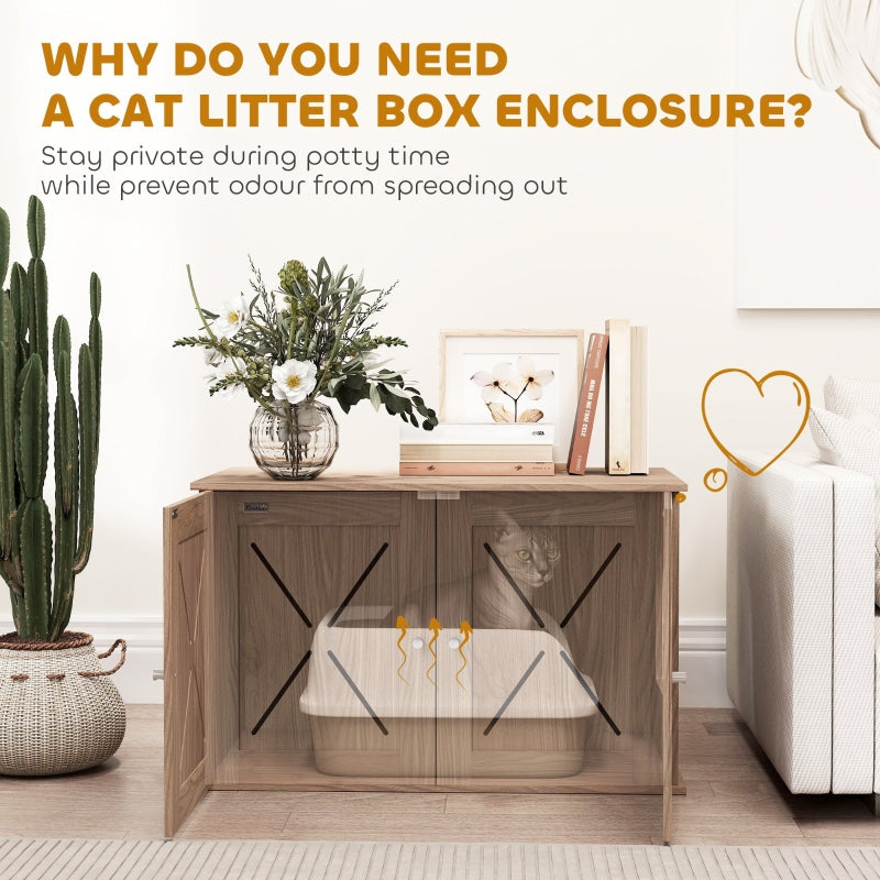 Cat Litter Box Enclosure, Double Doors Side Entrance Non-Slip Pads, Walnut Brown