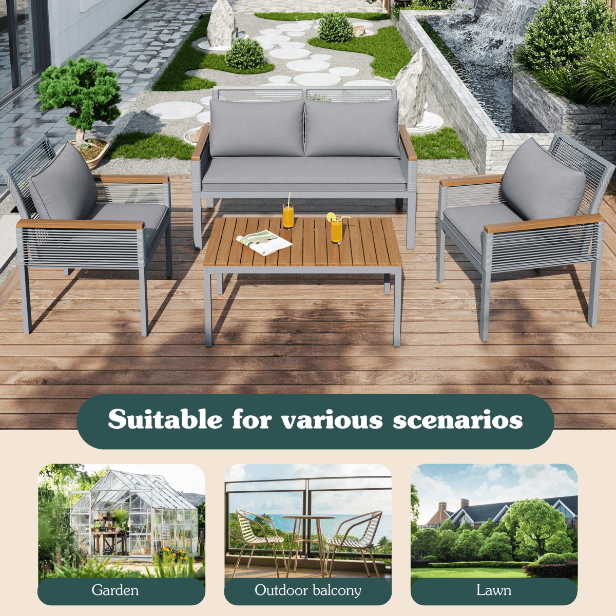 Garden Furniture Set with Cushions – Rattan Outdoor Lounge, Double Sofa, 2 Armchairs & Table