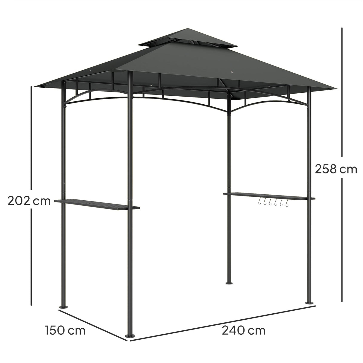 Grill Gazebo, Double Tiered BBQ Shelter Canopy with LED Lights, 2 Side Shelves, Hooks, Dark Grey
