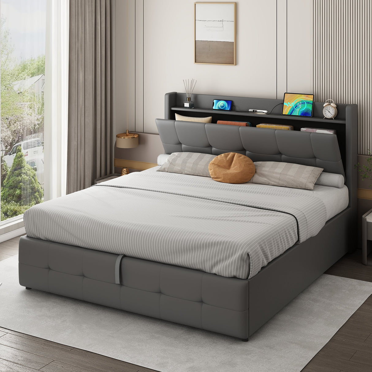 4ft6 Double Upholstered Bed Frame with Hydraulic Storage, Charging Station and LED Night Light, Grey