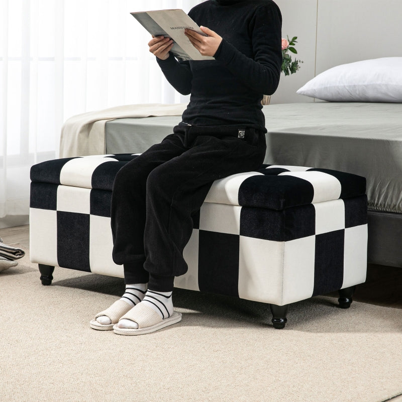 Velvet Storage Ottoman, Button-Tufted Footstool Toy Chest, White and Black