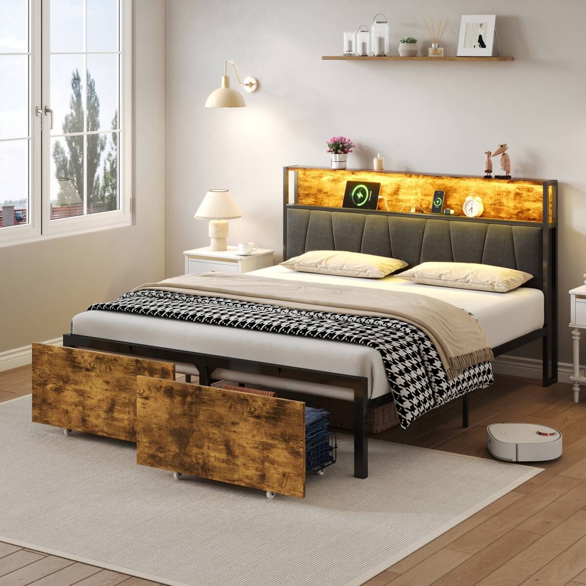 4ft6 Double Bed Frame with RGB LED Headboard - Metal Storage Bed with Charging Station & Drawers, Black Walnut
