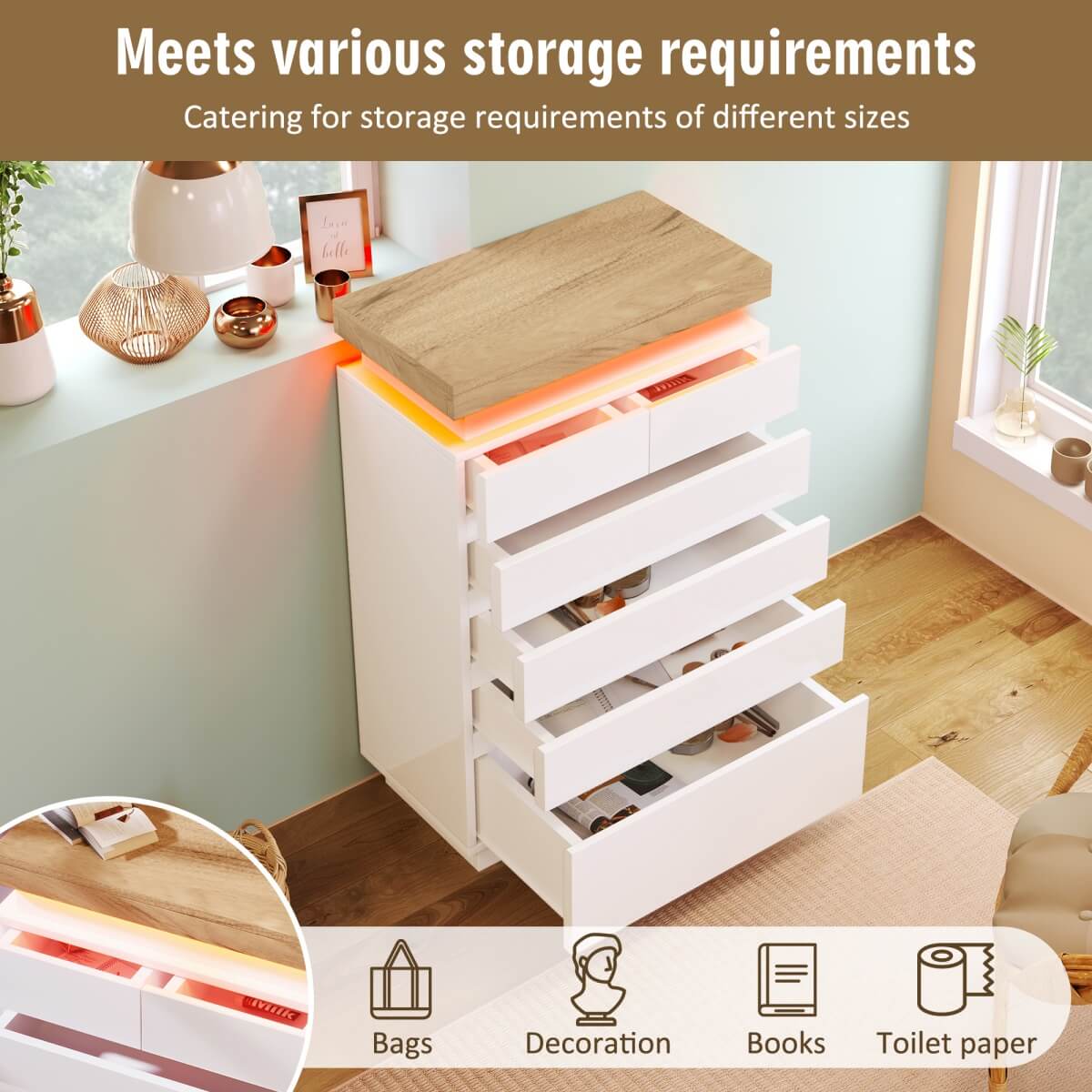 High Gloss Sideboard Cabinet with 6 Drawers - RGB LED Storage Chest of Drawers for Living Room & Bedroom, White