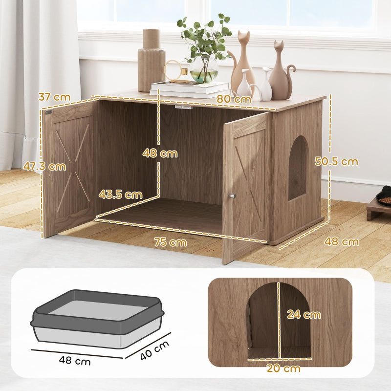 Cat Litter Box Enclosure, Double Doors Side Entrance Non-Slip Pads, Walnut Brown