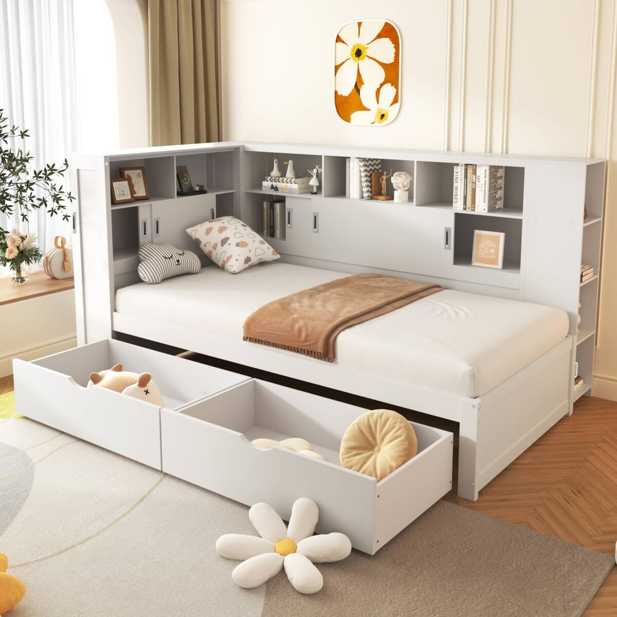 3ft Single Platform Bed with Trundle & Storage - Bed Frame with USB Charging and Bookcase