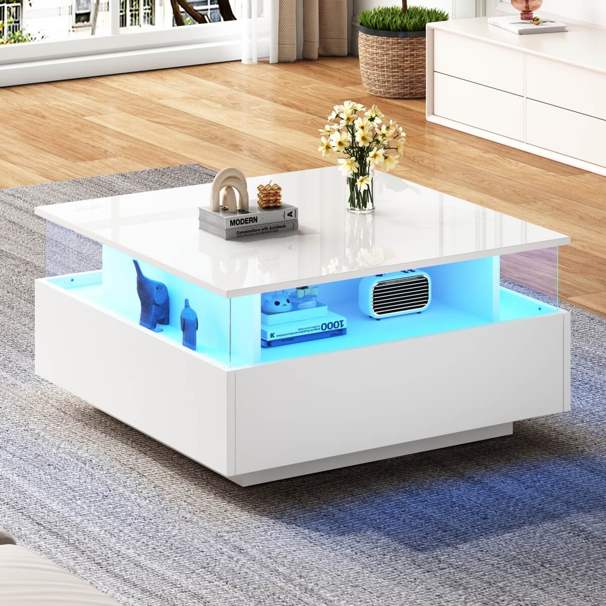 LED Coffee Table with Storage - Square Design, 2 Sliding Drawers, White