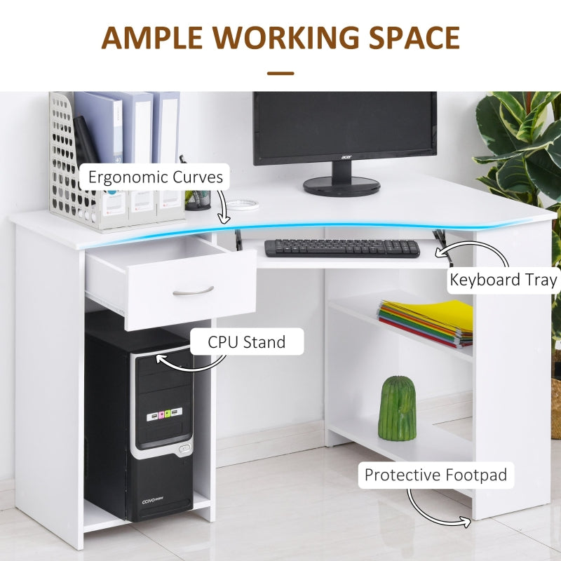 L-Shaped Corner Computer Desk with 2 Shelves, Keyboard Tray, and CPU Stand - White