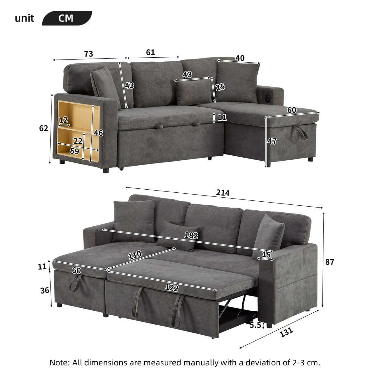 3 Seater L-Shaped Sofa Bed – Pull-Out Corner Couch with Open Storage, Bed Box and Shelf