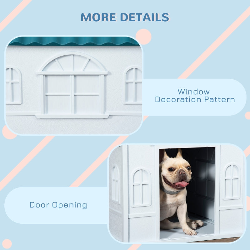Dog House, Plastic Weather-Resistant for Indoors and Outdoors, White and Blue