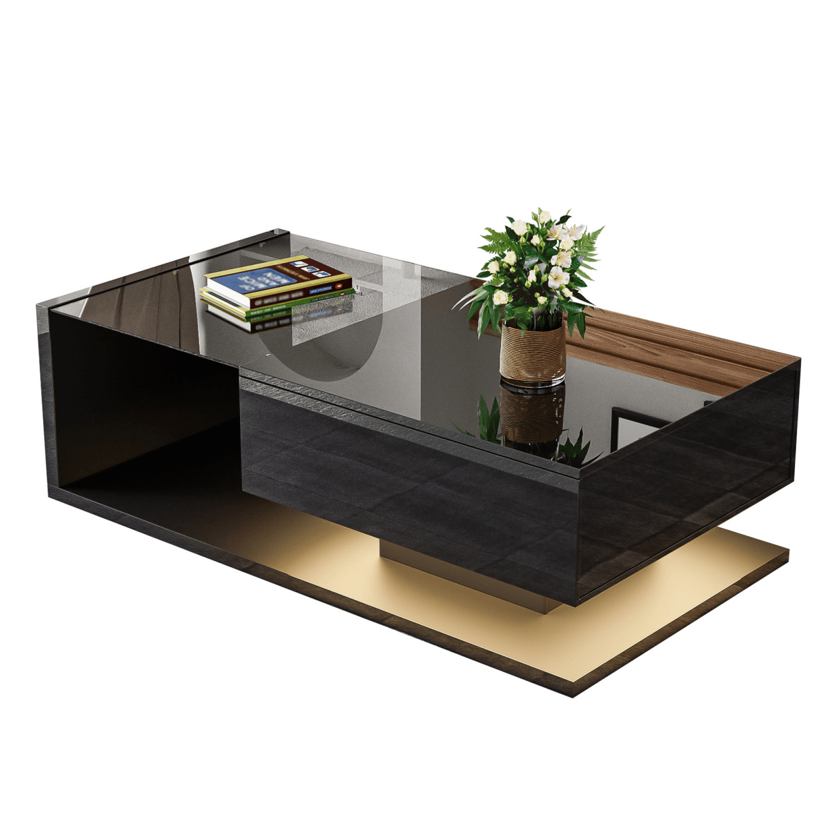 LED Coffee Table - High Gloss Black, Glass Top, Modern Living Room Table