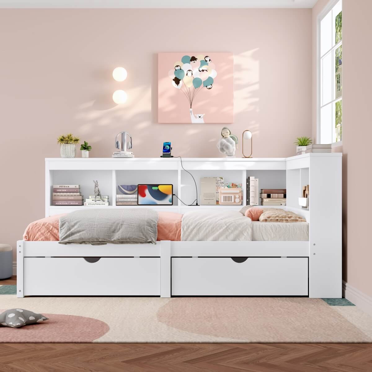 3ft Single L-Shape Daybed with 2 Storage Drawers & Bookcase - Modern Wooden Bed Frame with Charging Station, White
