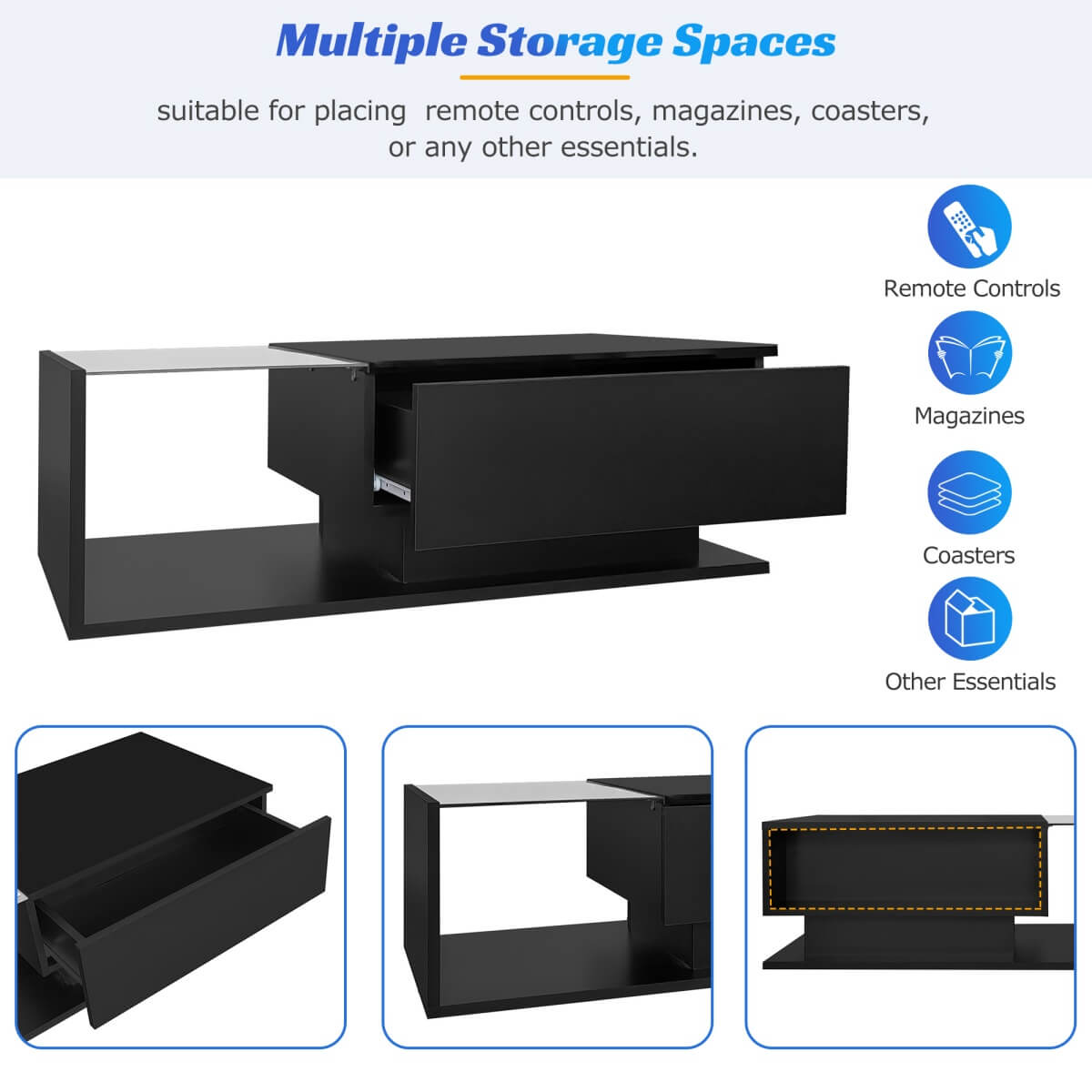 LED Coffee Table with Drawer - High Gloss, Glass Top, Black
