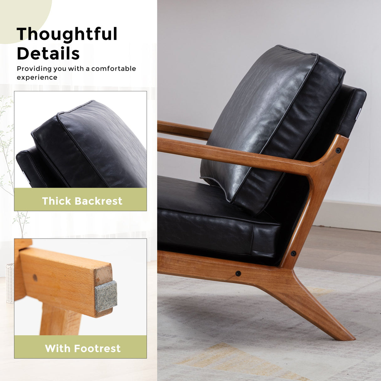 GOMYWAY Accent Chair Mid-Century Modern Armchair with Solid Wood Frame, Black