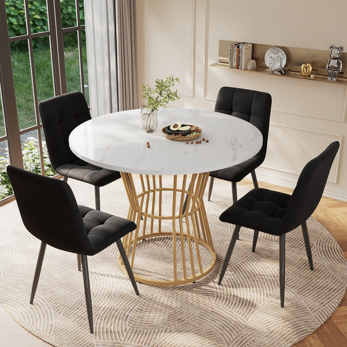 Dining Table Set, Round with Golden Metal Legs, White MDF Top, Black Velvet Chairs