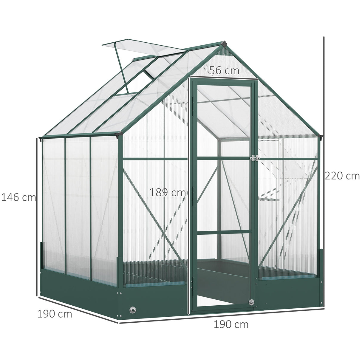 6x6 FT Polycarbonate Greenhouse with Base and Raised Bed, Walk-in with Temperature Controlled Window, Aluminium