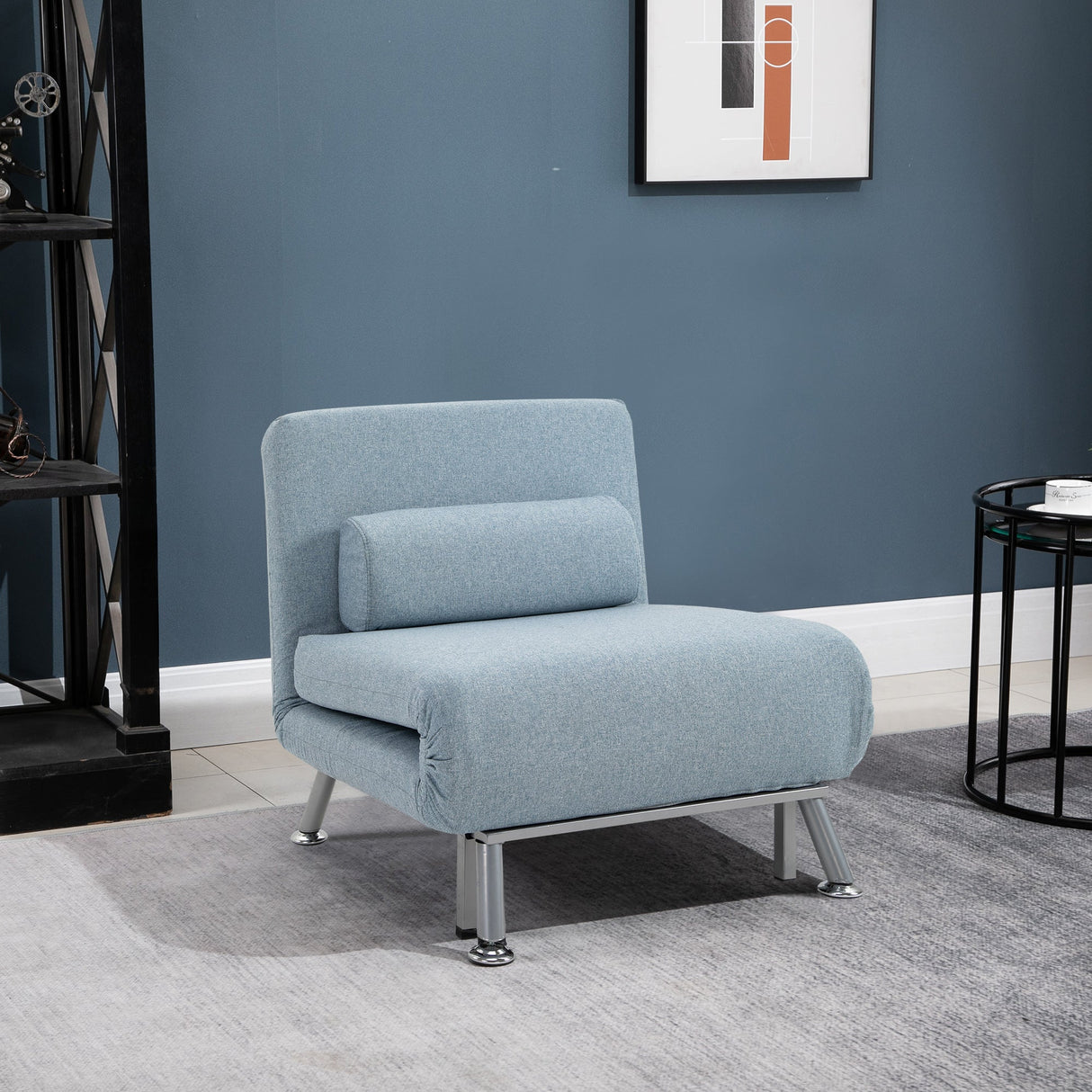 Linen Chair Bed, 3-in-1 Convertible Sleeper Chair with Adjustable Backrest, Sky Blue