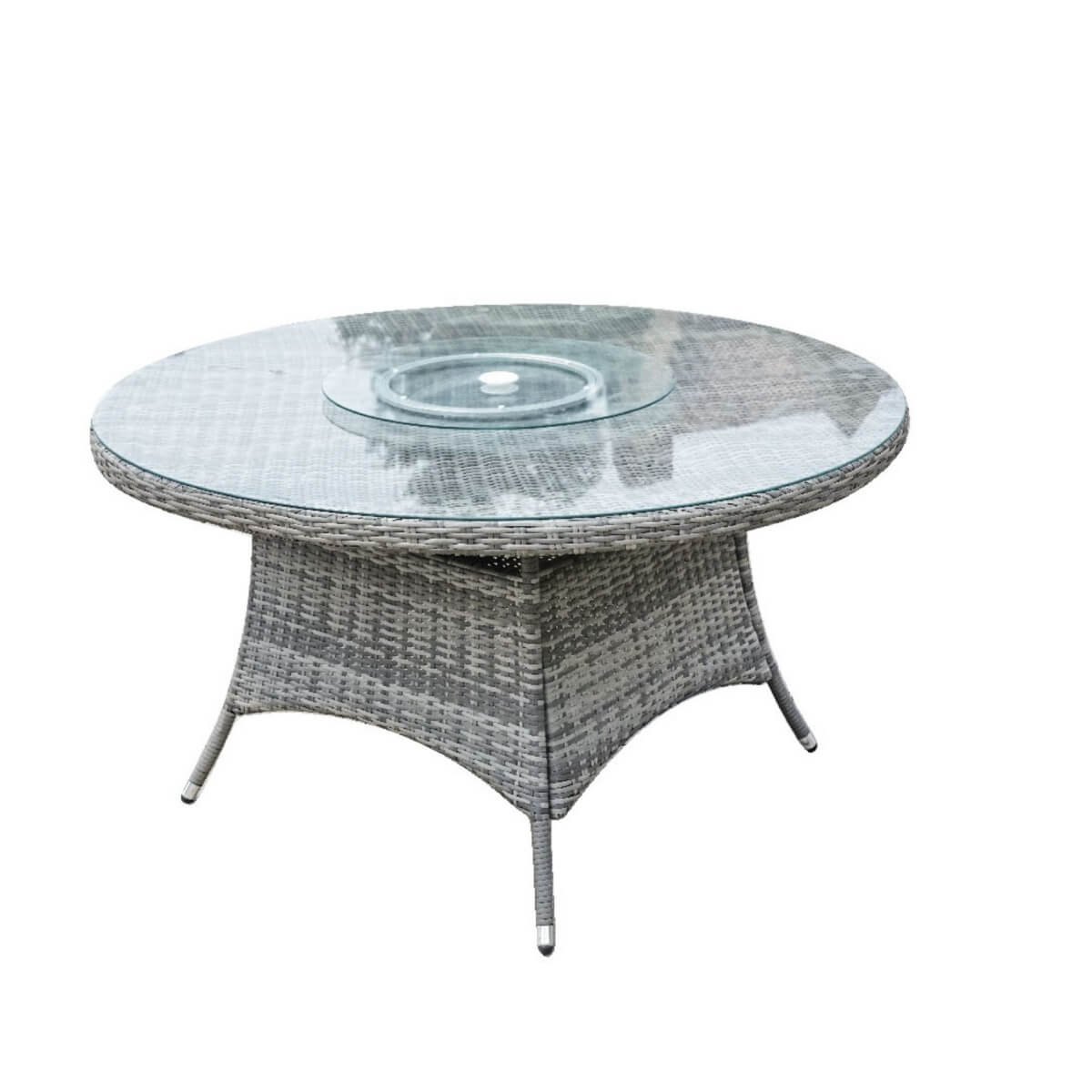 6 Seater Outdoor Rattan Round Dining Table - Glass Turntable & Parasol Hole Garden Table