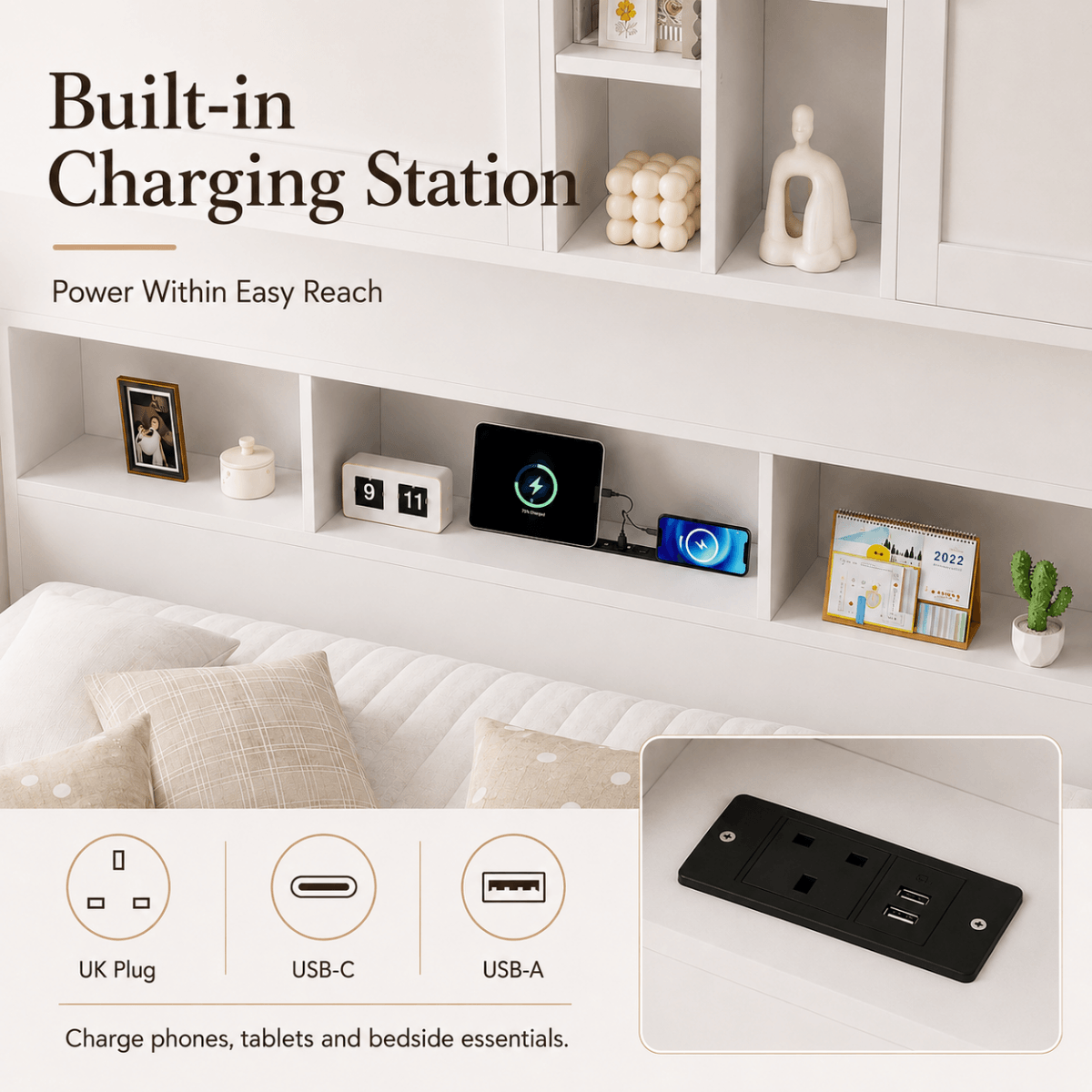 3ft Single Kids Storage Bed with Overbed Cabinets - White Bed Frame with 2 Drawers, RGB LED Lights, USB Charging Station and PU Headboard