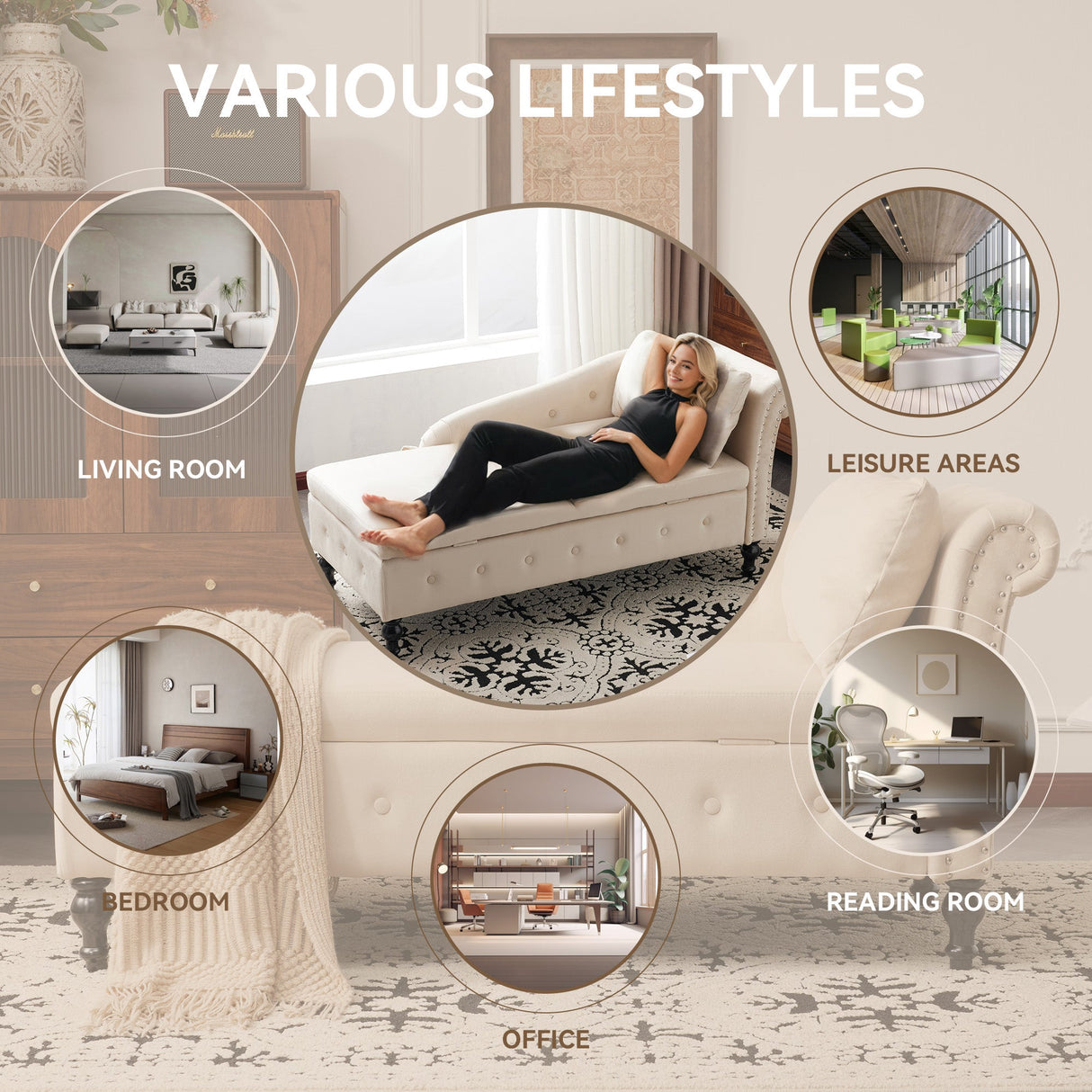 Velvet Chaise Lounge Sofa with Storage, Upholstered Chaise Lounge Couch with Pillow, Right Armrest, Velvet