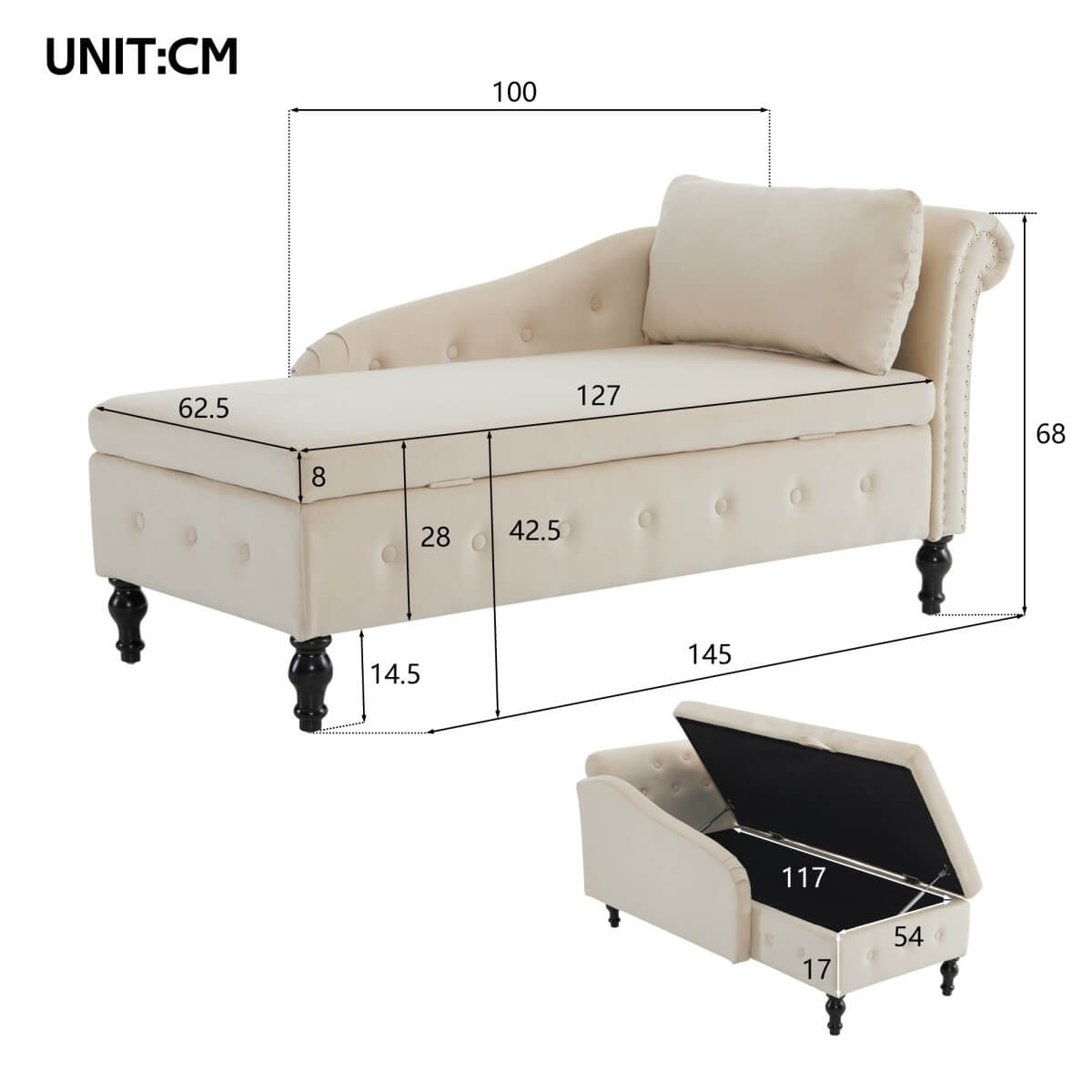Velvet Chaise Lounge Sofa with Storage – Modern Upholstered Couch, Button-Tufted, Living Room