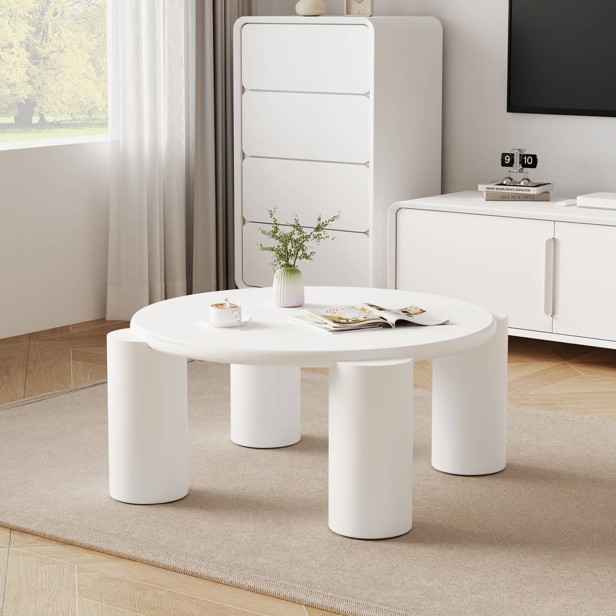 White Round Coffee Table – Modern Painted Wooden Tea Table with 4 Legs for Living Room, Bedroom or Apartment