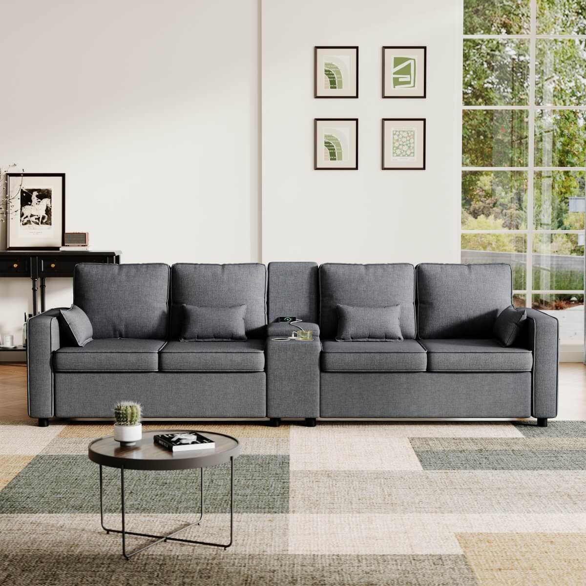 4-Seater Modern Sofa - Grey Linen, Storage Console, Cup Holders & USB/Type-C Charging