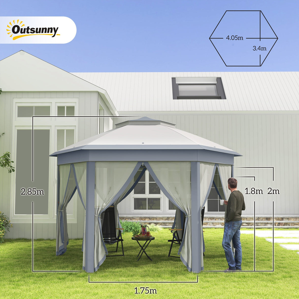 Metal Frame Hexagon Gazebo, 3 x 4m with Curtains - Grey