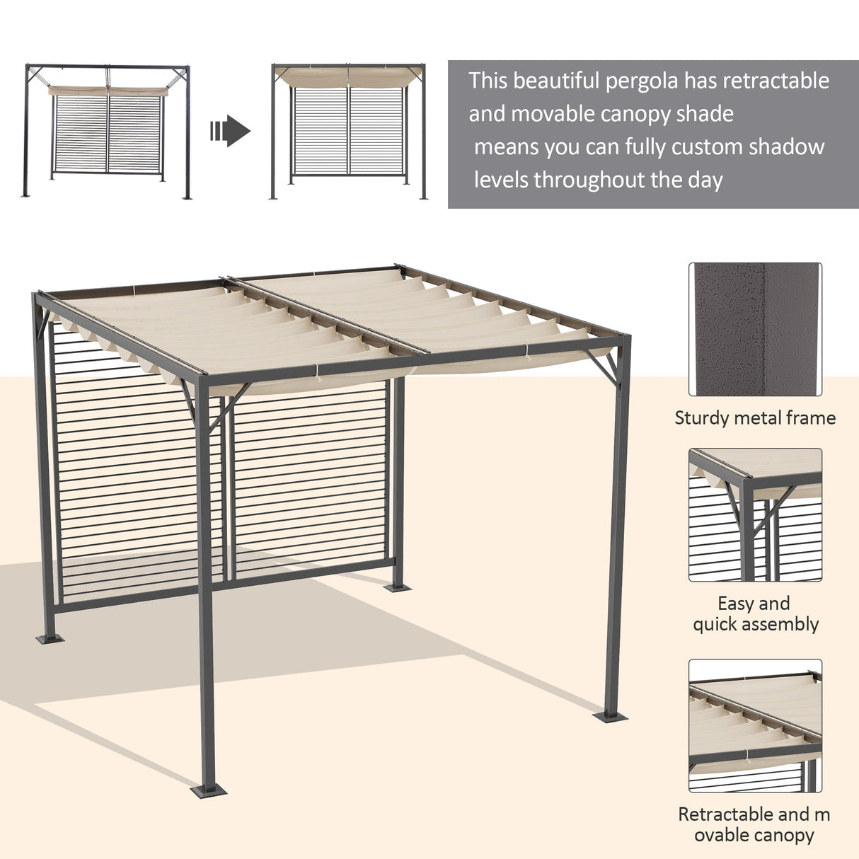 Metal Pergola 3 x 2.8m, Retractable Fabric Roof - Beige