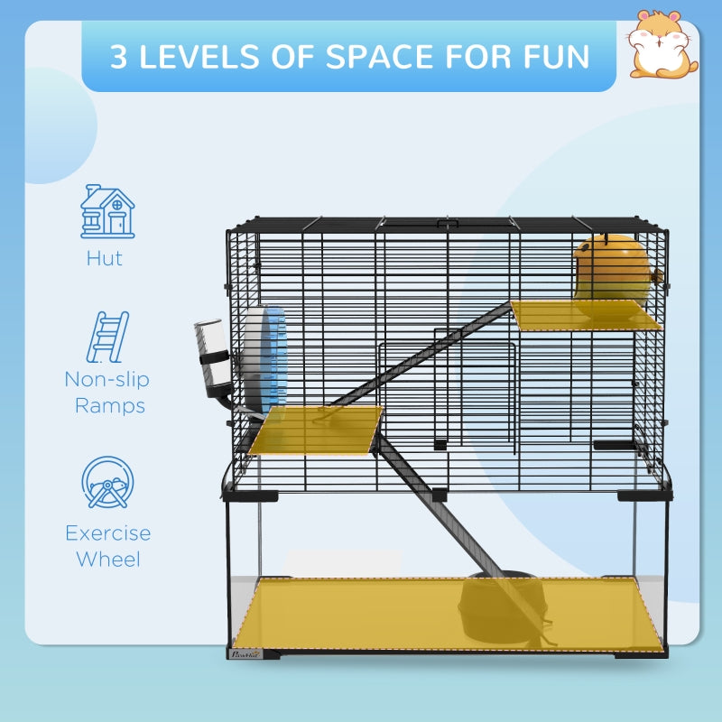 Hamster/Gerbil Cage with Deep Glass Bottom, Non-Slip Ramps, Platforms, Hut, Exercise Wheels, Water Bottle, Dish