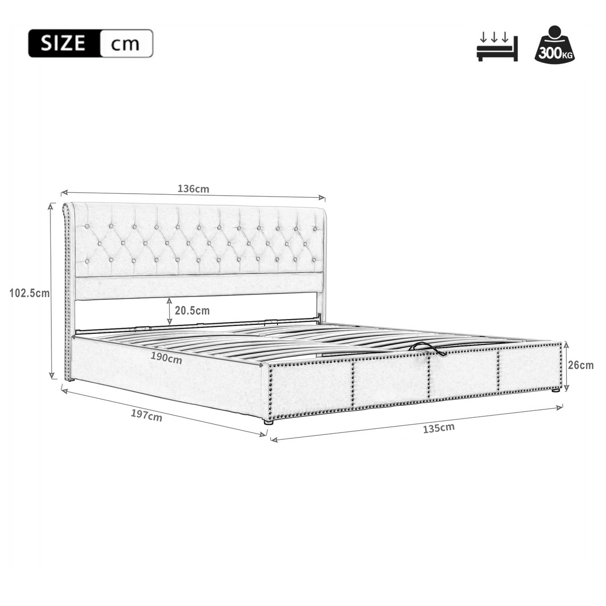 Upholstered Double Bed with Hydraulic Lift & Storage, Rivet Decoration, Velvet Light Grey