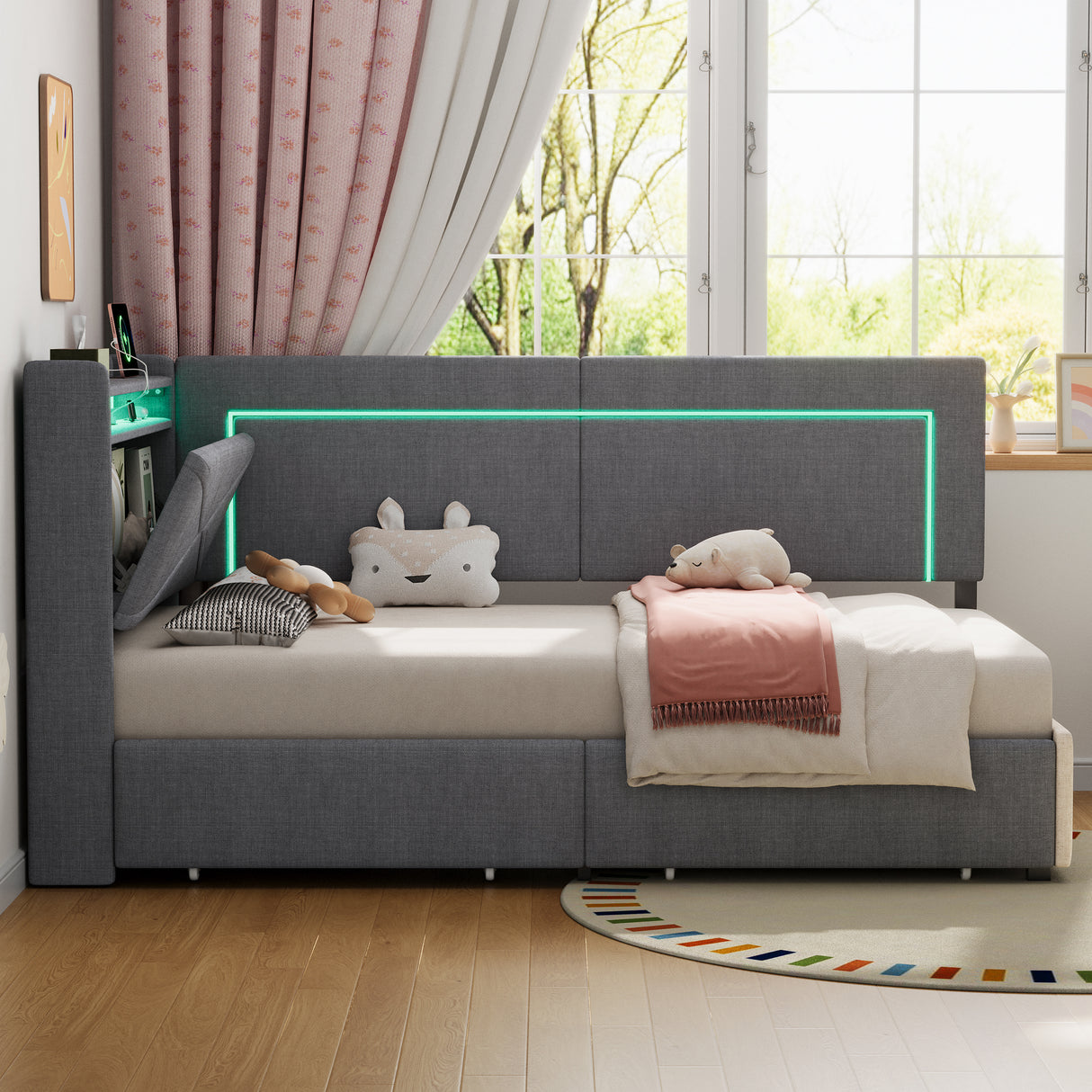 3ft Single Daybed with Two Storage Drawers, LED Concealed Headboard Storage with Charging Station, Modern Linen Sofa Bed for Living Room/ Bedroom/ Study Room, 90X190cm, Grey (No Mattress)